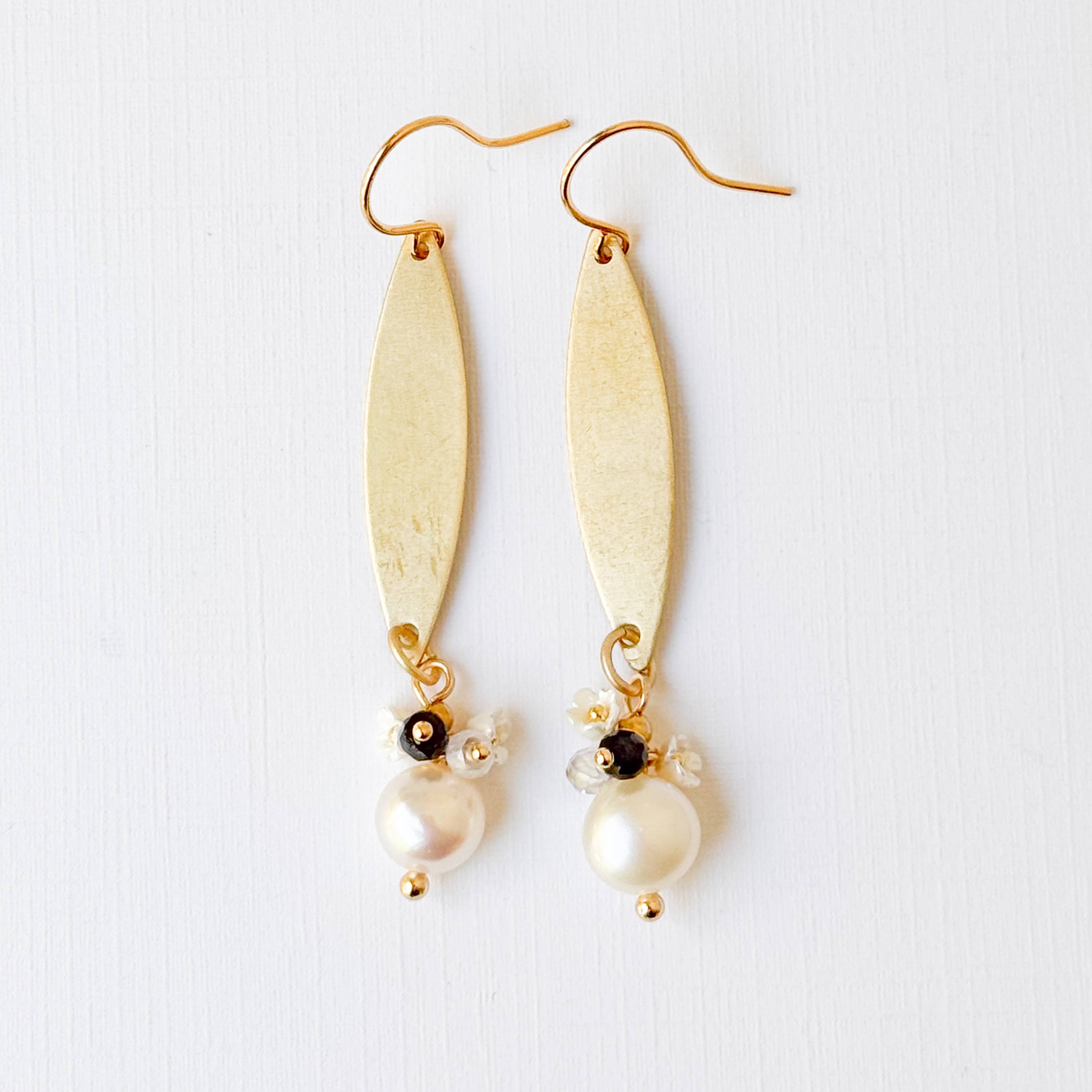 Nest Pretty Things -  Long Golden Brass Earrings With Freshwater Pearls