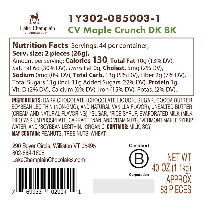 Lake Champlain Chocolates - Chocolates of Vermont Maple Crunch, Dark Choc - Bulk