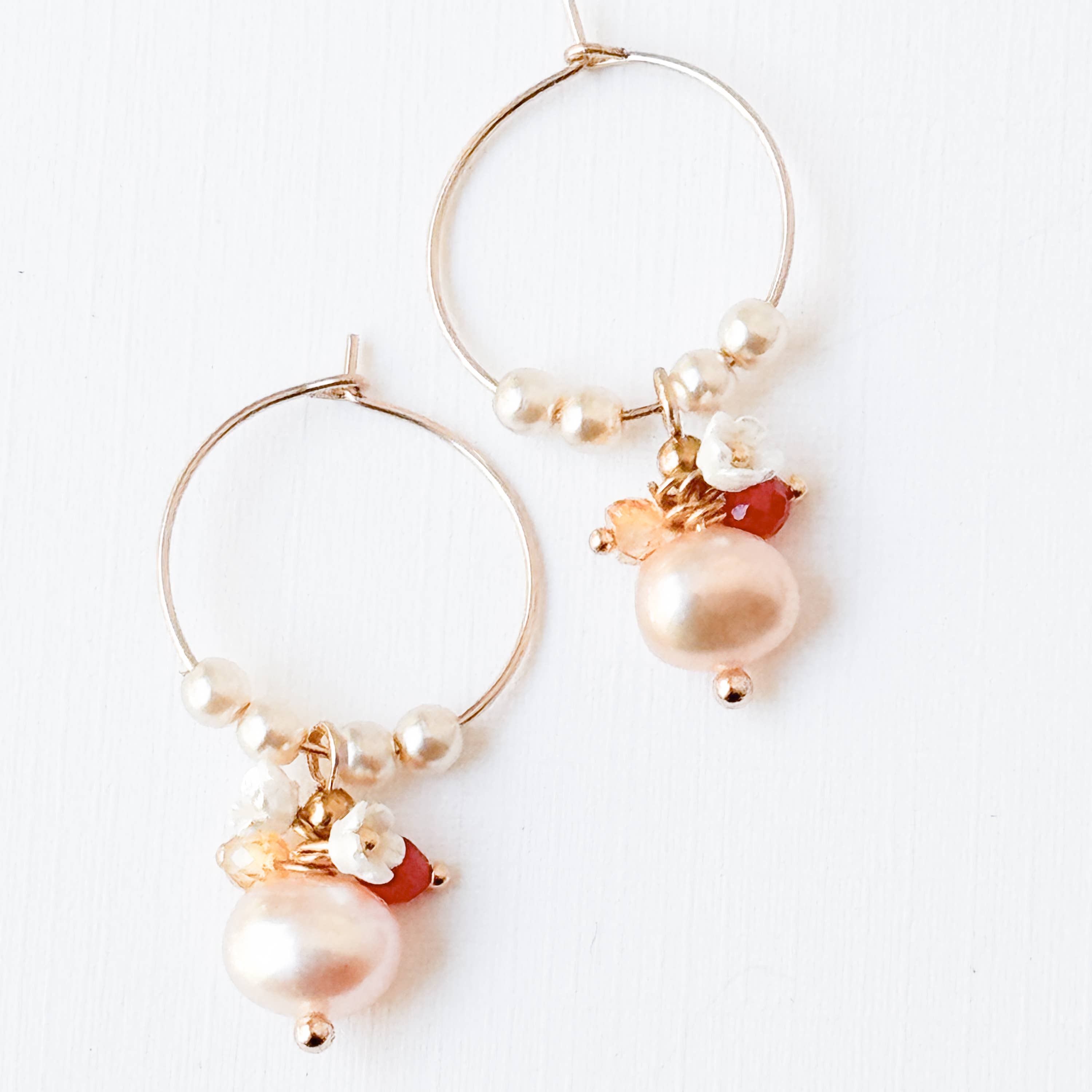 Nest Pretty Things - Small Gold Filled Hoops with Pink Pearl, Glass Flowers, Red