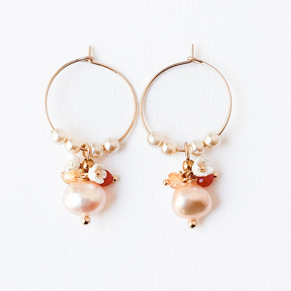 Nest Pretty Things - Small Gold Filled Hoops with Pink Pearl, Glass Flowers, Red