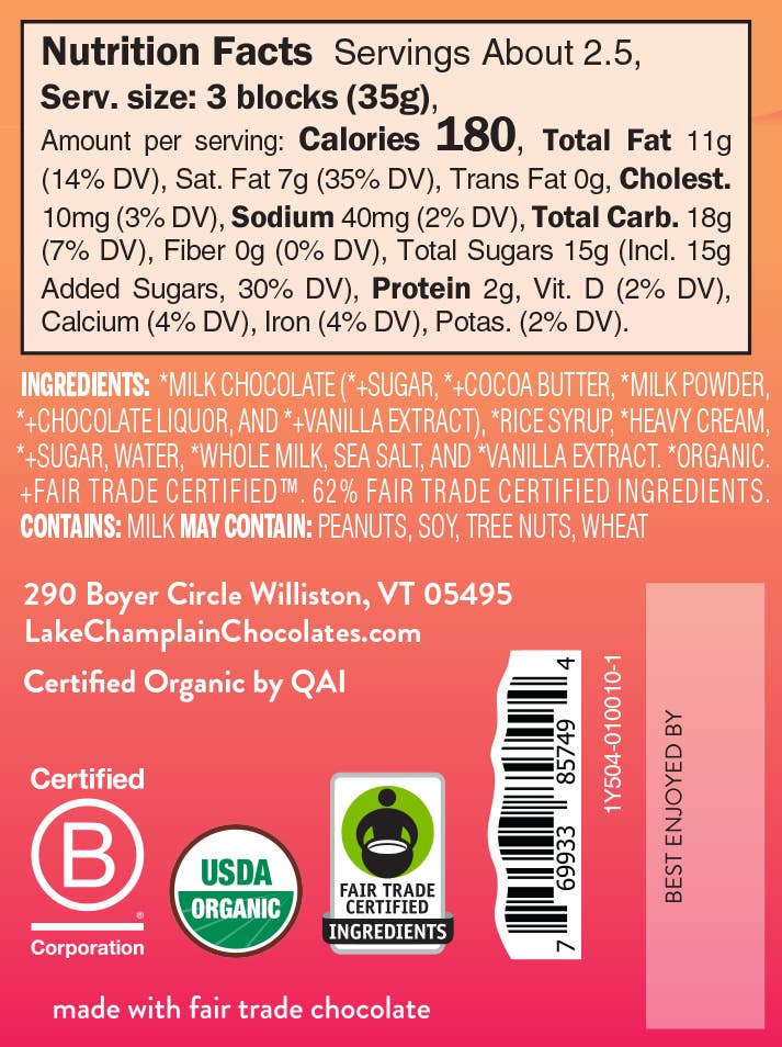 Lake Champlain Chocolates - Milk Classic Caramel Signature Bar, Organic & Fair Trade