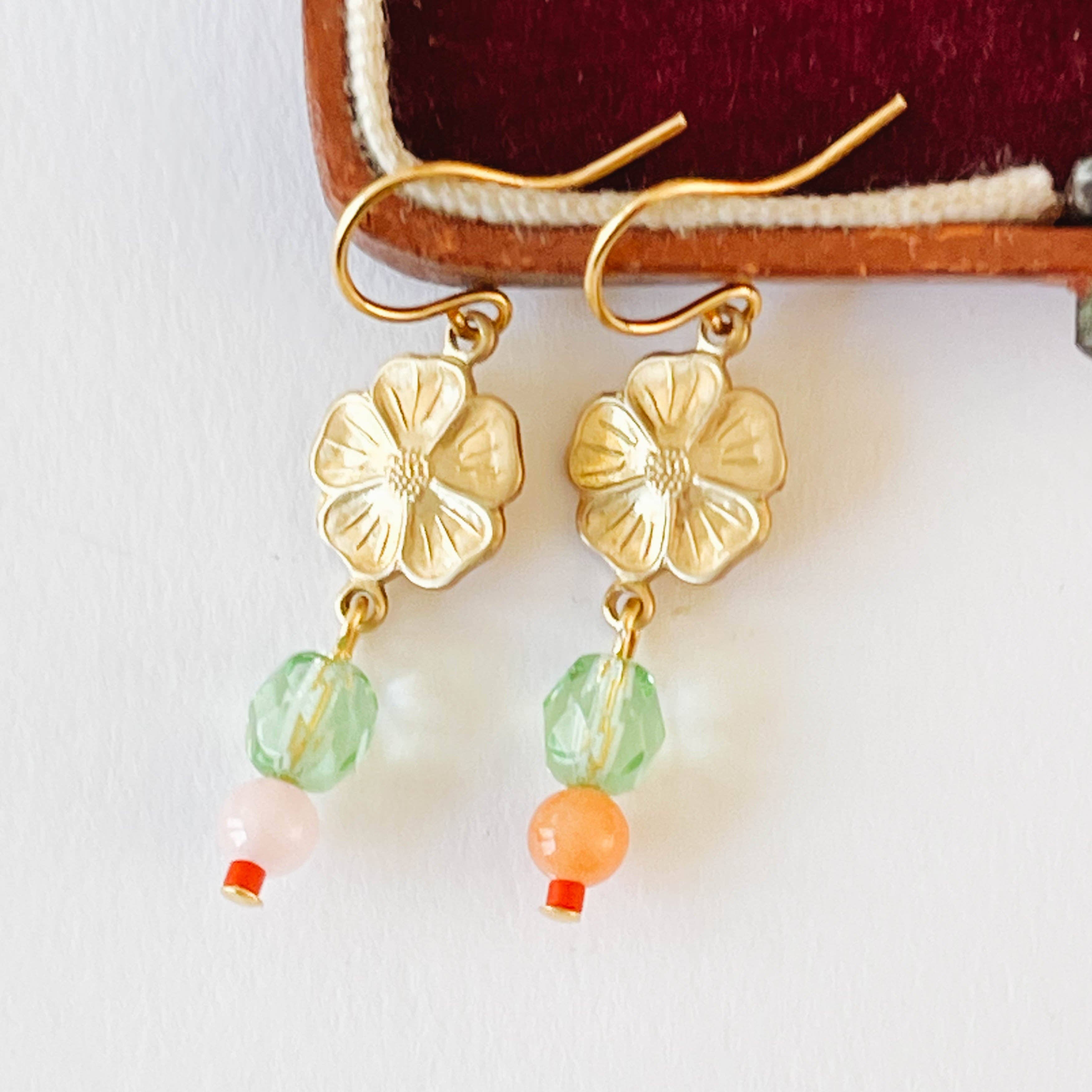 Nest Pretty Things - Small Flower With Coral and Rose Quartz Bead Earrings