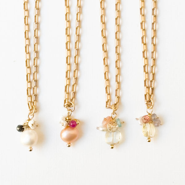 Nest Pretty Things - Gold Paperclip Chain Necklace with Pearls and teeny Flowers