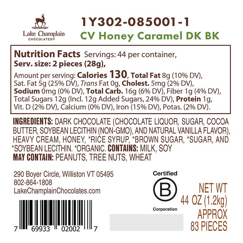 Lake Champlain Chocolates - Chocolates of Vermont Honey Caramel, Dark Choc - Bulk