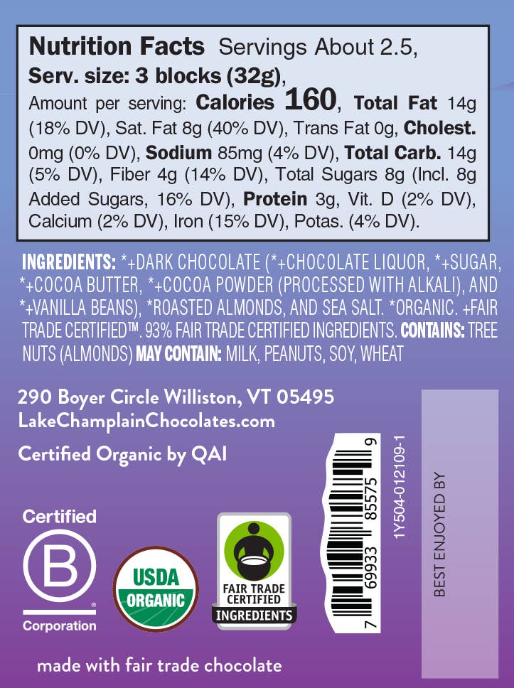 Lake Champlain Chocolates - Dark Almond & Sea Salt Signature Bar, Organic & Fair Trade