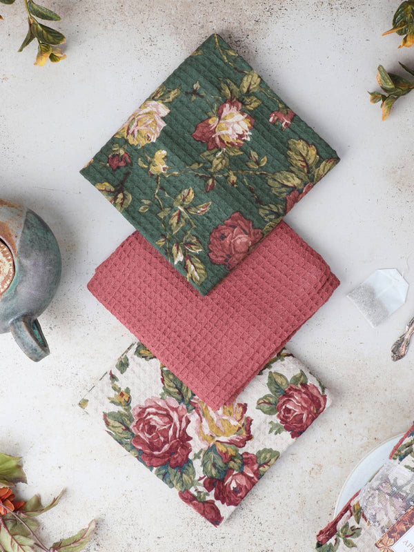 April Cornell - Winter Rose Patchwork Tea Towel Bundle Set of 3 - Antique