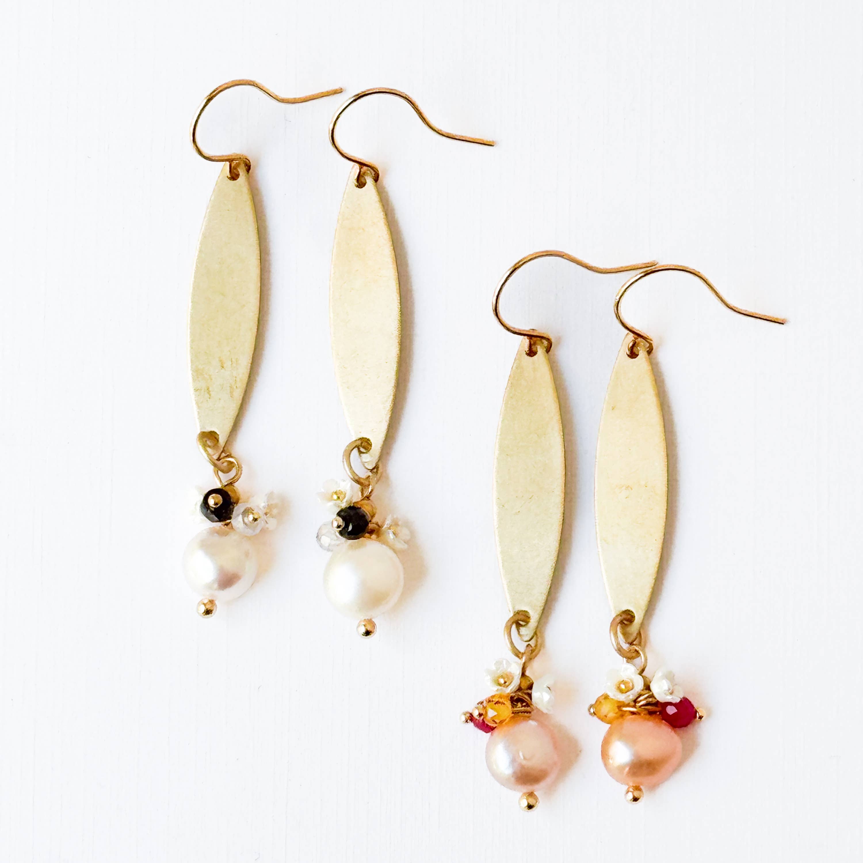 Nest Pretty Things -  Long Golden Brass Earrings With Freshwater Pearls