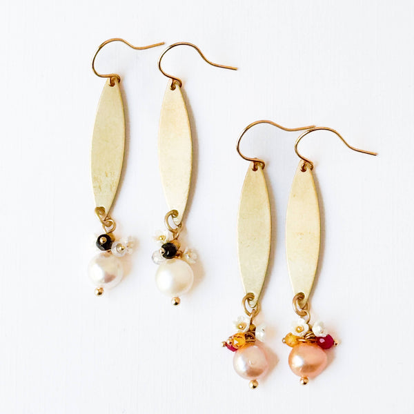 Nest Pretty Things -  Long Golden Brass Earrings With Freshwater Pearls