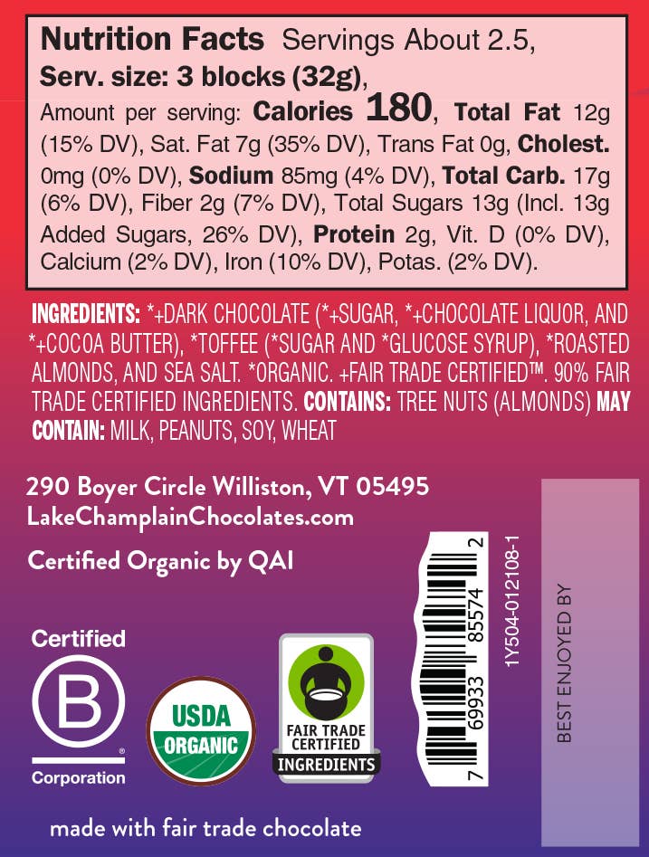 Lake Champlain Chocolates - Dark Choc Toffee Almond Signature Bar, Organic & Fair Trade
