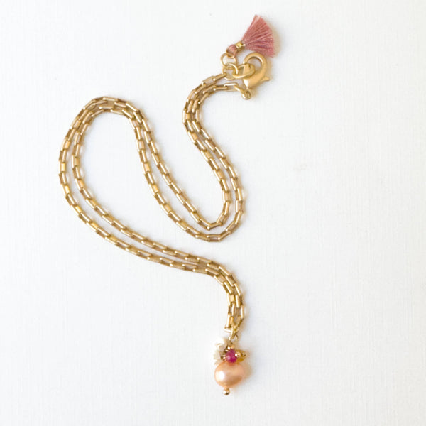 Nest Pretty Things - Gold Paperclip Chain Necklace with Pearls and teeny Flowers