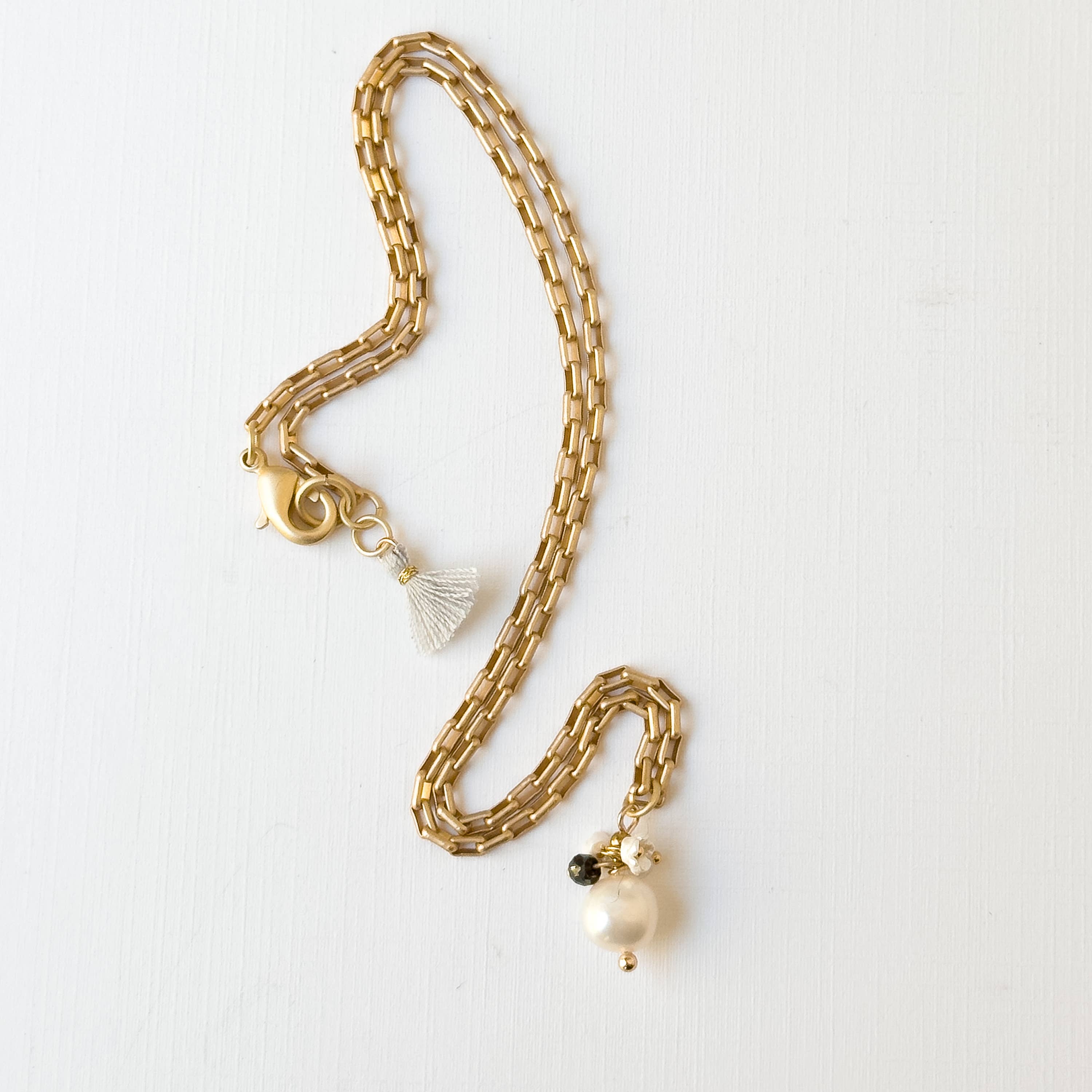 Nest Pretty Things - Gold Paperclip Chain Necklace with Pearls and teeny Flowers