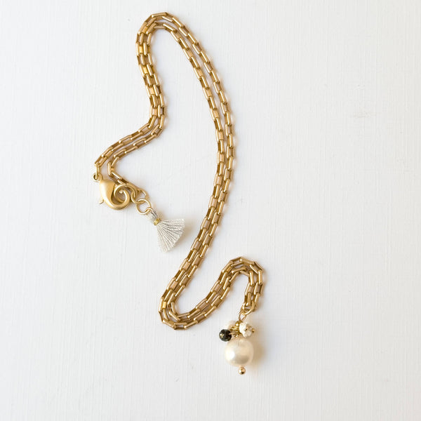 Nest Pretty Things - Gold Paperclip Chain Necklace with Pearls and teeny Flowers