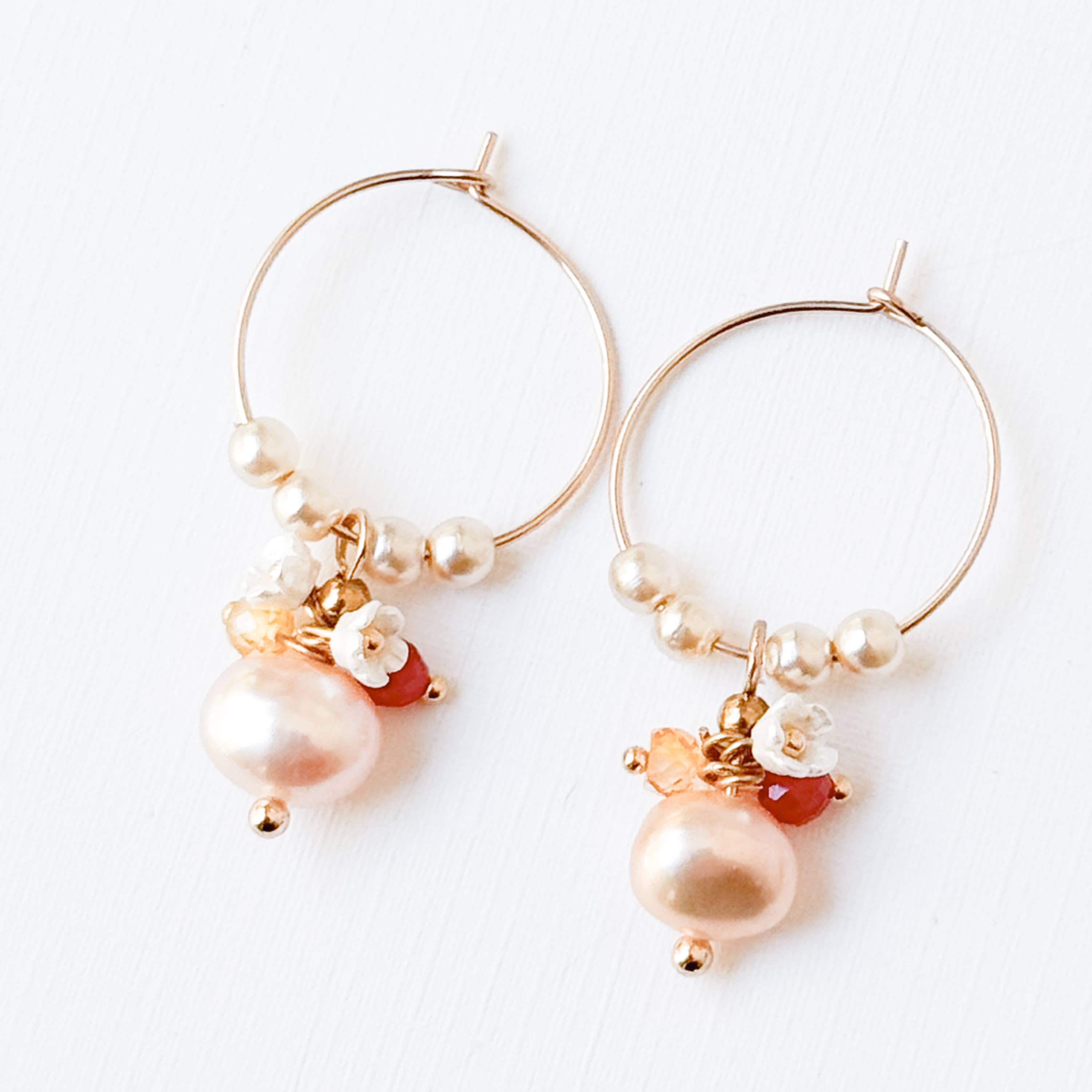 Nest Pretty Things - Small Gold Filled Hoops with Pink Pearl, Glass Flowers, Red