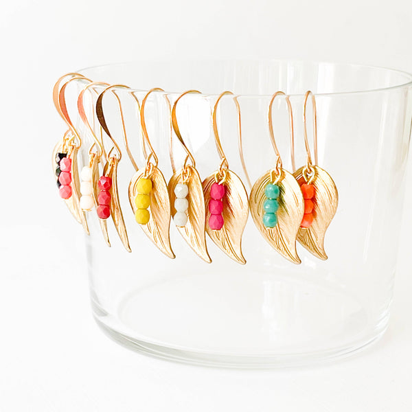 Nest Pretty Things - Small leaf earrings with colorful beads