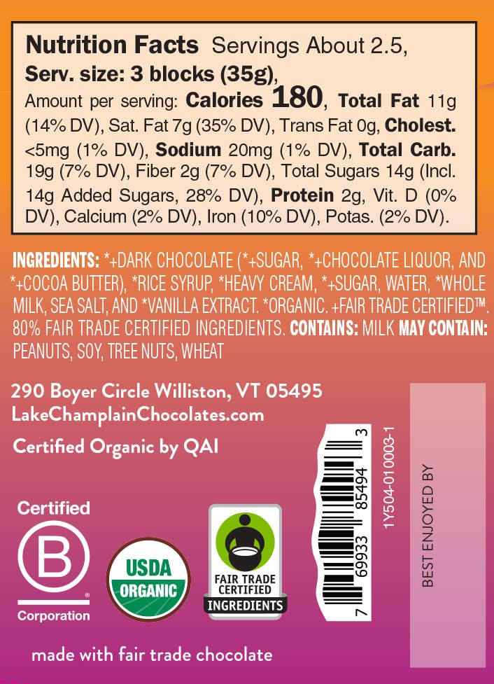 Lake Champlain Chocolates - Dark Choc Salted Caramel Signature Bar, Organic & Fair Trade