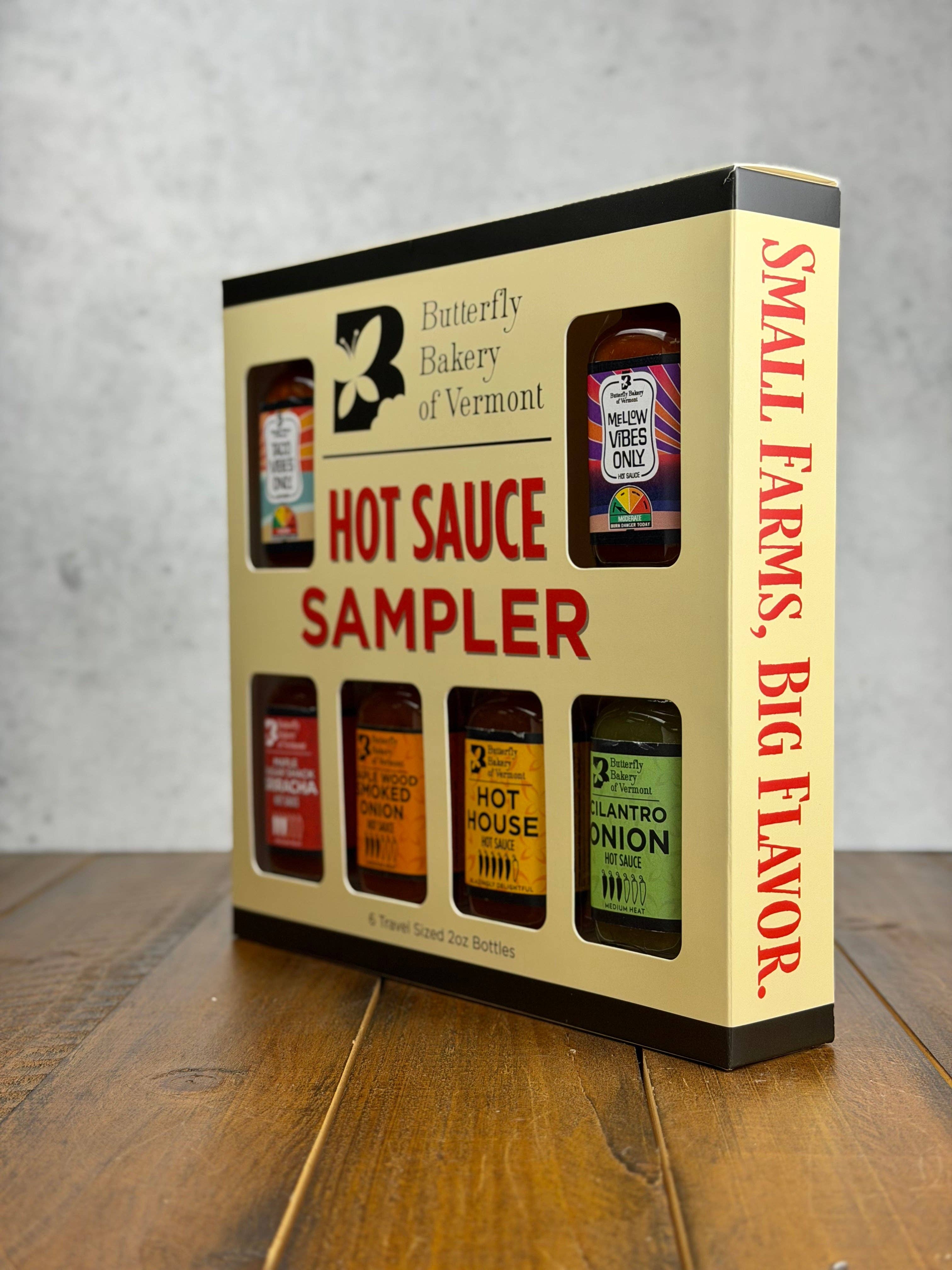 Butterfly Bakery of Vermont - Signature Hot Sauce Sampler Box Set with 6 Mini 2oz Bottles