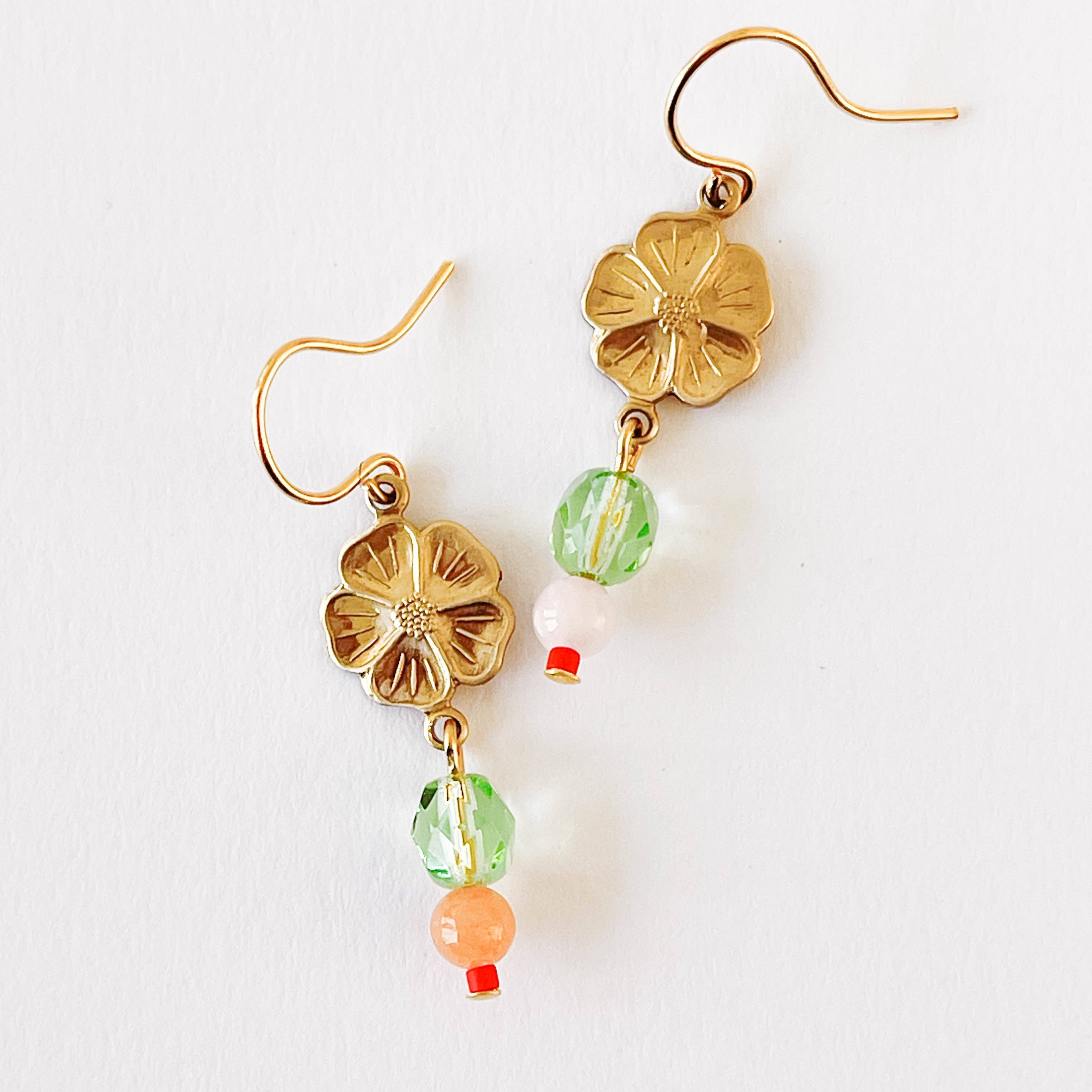 Nest Pretty Things - Small Flower With Coral and Rose Quartz Bead Earrings