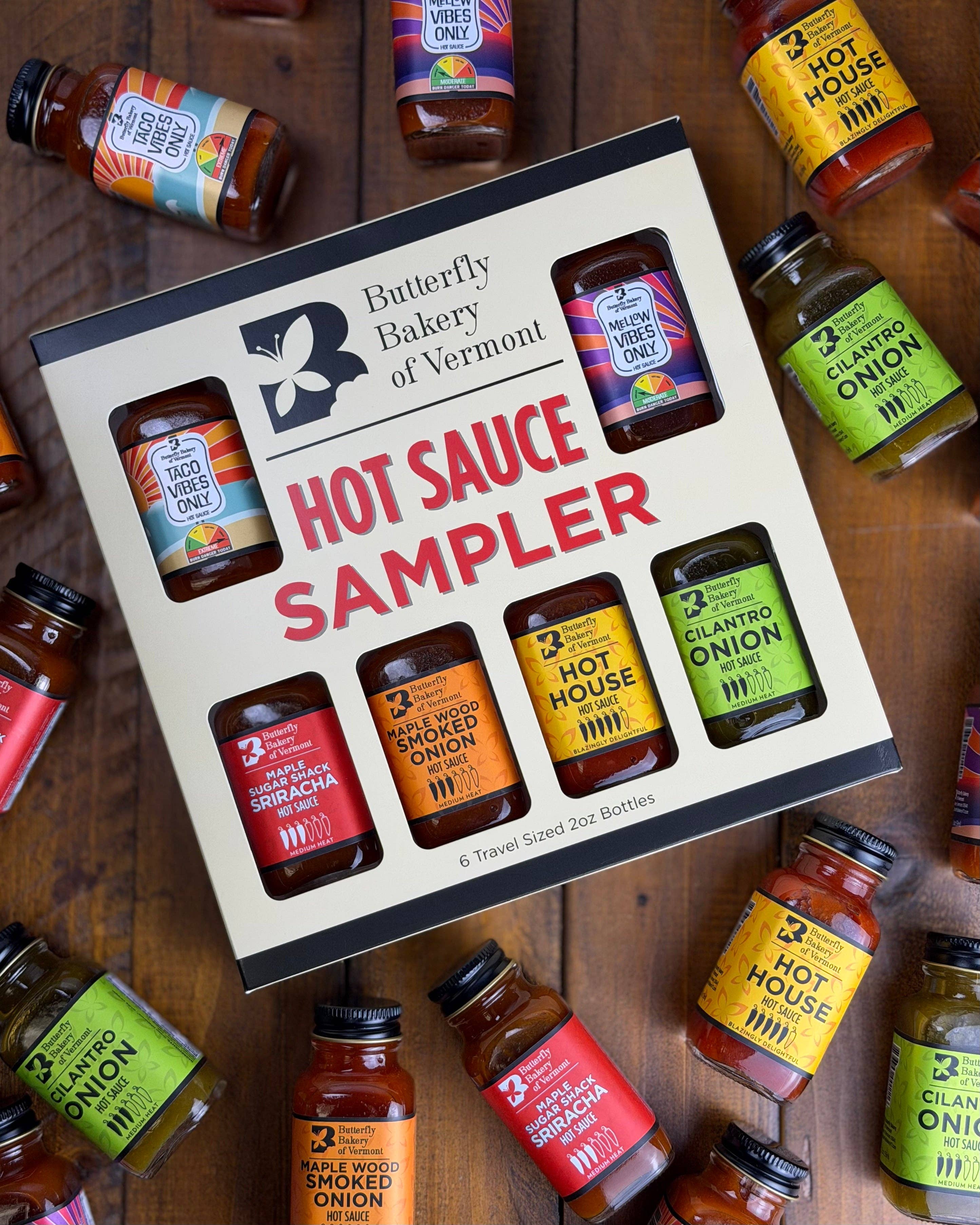Butterfly Bakery of Vermont - Signature Hot Sauce Sampler Box Set with 6 Mini 2oz Bottles