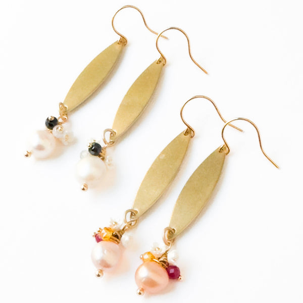 Nest Pretty Things -  Long Golden Brass Earrings With Freshwater Pearls
