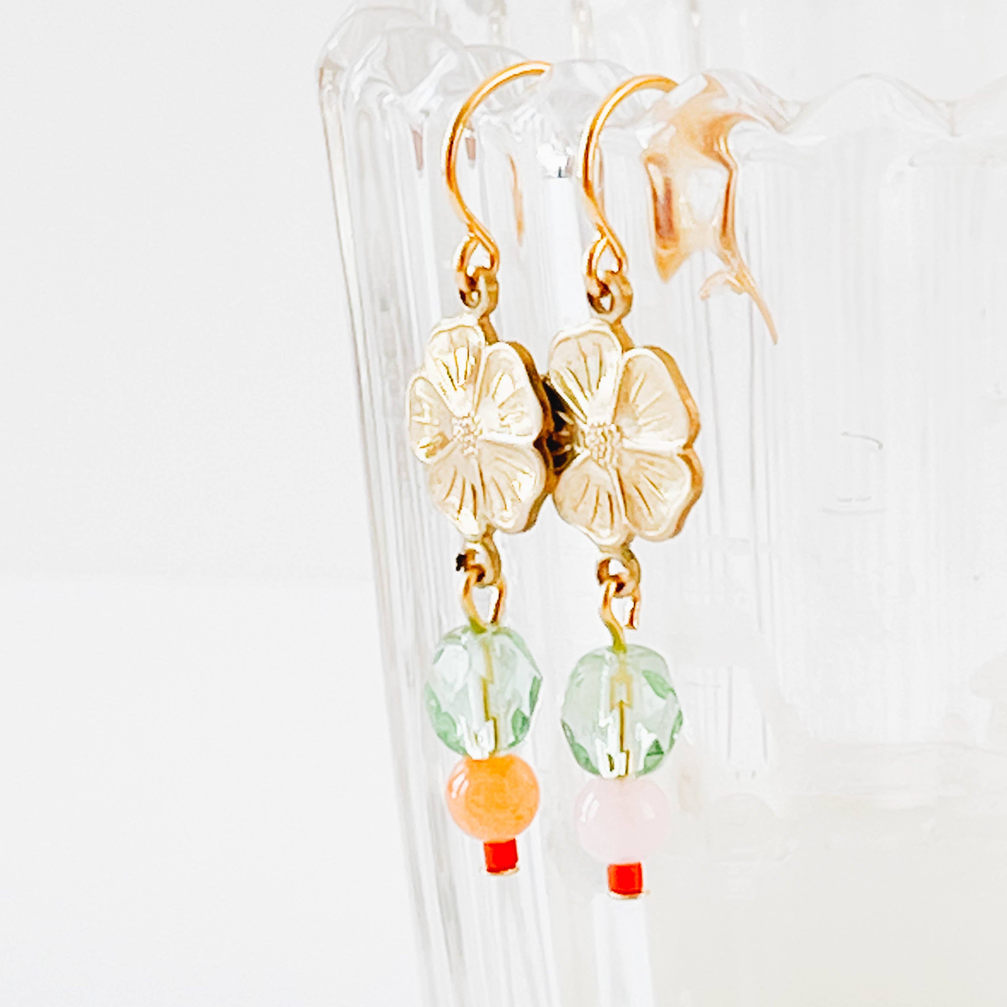 Nest Pretty Things - Small Flower With Coral and Rose Quartz Bead Earrings