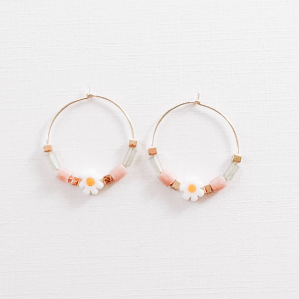 Nest Pretty Things - Gold Filled Hoops with Daisies, Recycled Glas Pink Beads