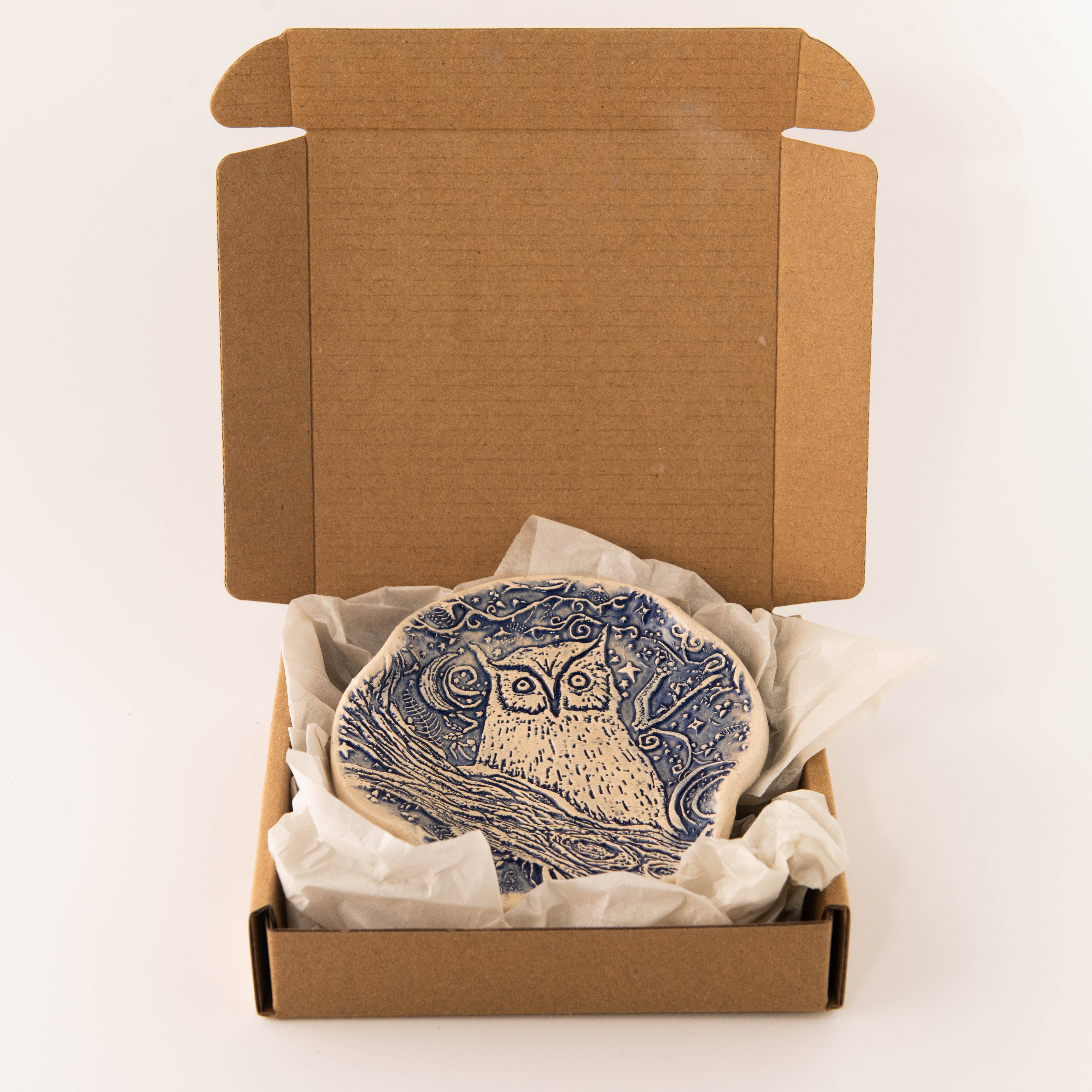 Earthen Relics - Blue Owl Perched Spoon Rest