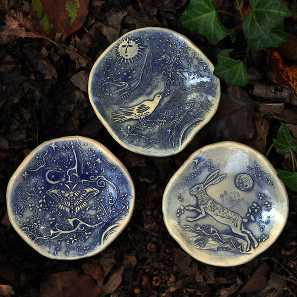 Clay Fossils - Handmade Pottery, Blue Butterfly Garden, spoon rest