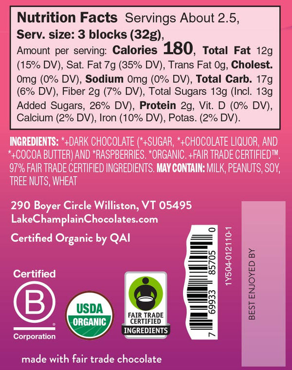 Lake Champlain Chocolates - Dark Choc Tart Raspberry Signature Bar, Organic & Fair Trade