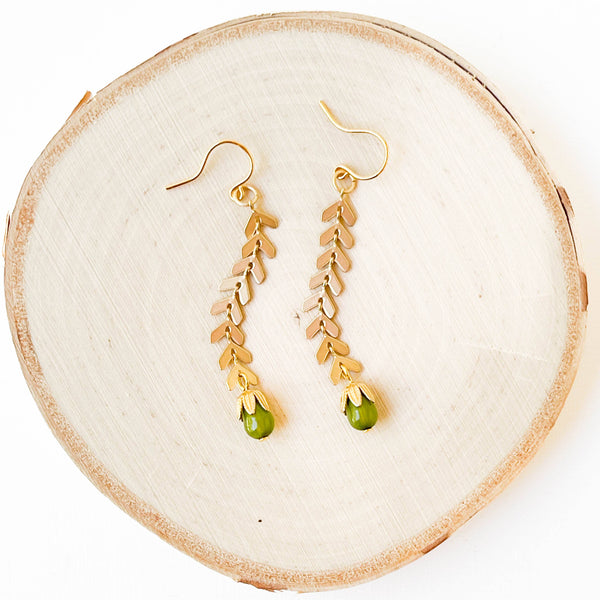 Nest Pretty Things - Long Gold Chevron and Green Bead Earrings