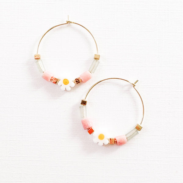 Nest Pretty Things - Gold Filled Hoops with Daisies, Recycled Glas Pink Beads