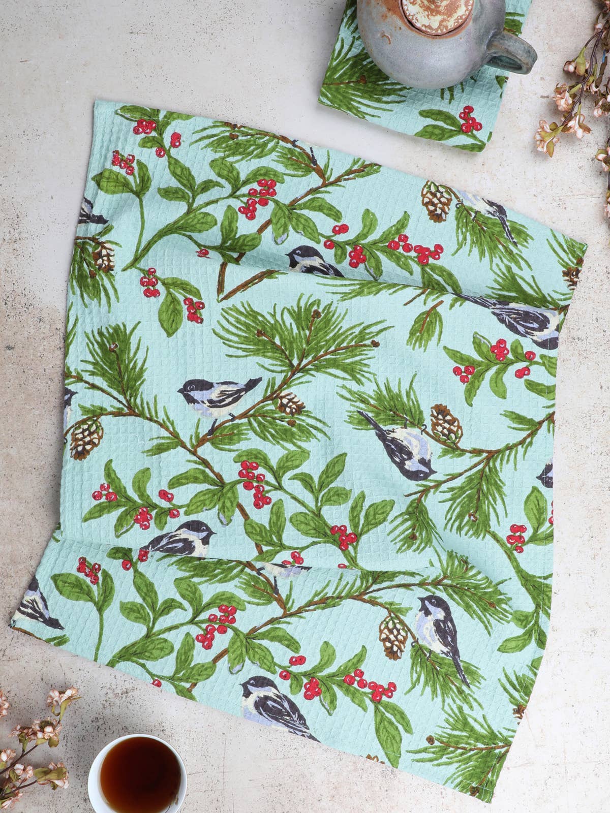 April Cornell - Chickadee Tea Towel Set of 2 - Winter Mint