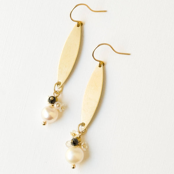 Nest Pretty Things -  Long Golden Brass Earrings With Freshwater Pearls