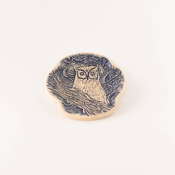 Earthen Relics - Blue Owl Perched Spoon Rest