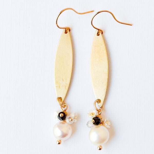 Nest Pretty Things -  Long Golden Brass Earrings With Freshwater Pearls