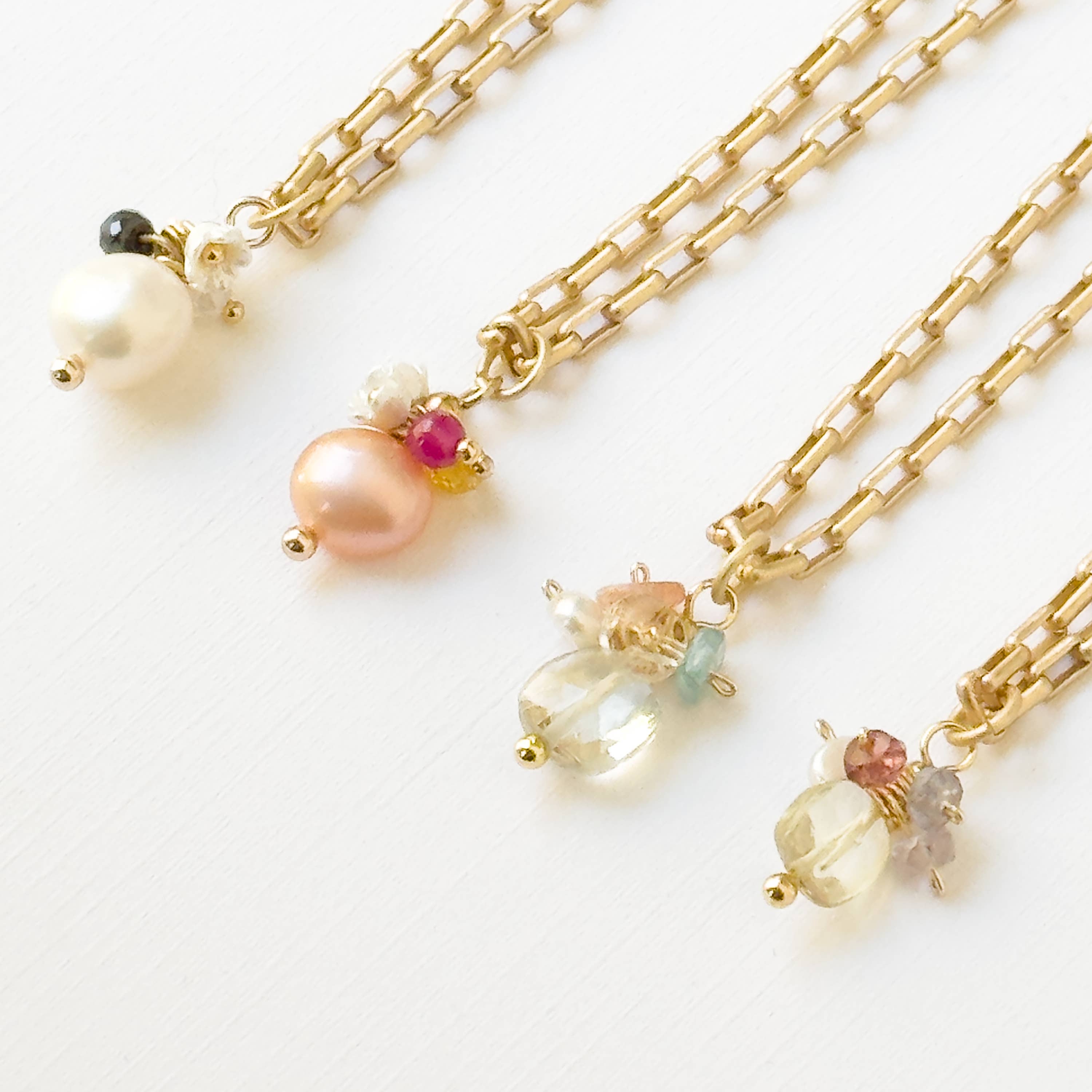 Nest Pretty Things - Gold Paperclip Chain Necklace with Pearls and teeny Flowers
