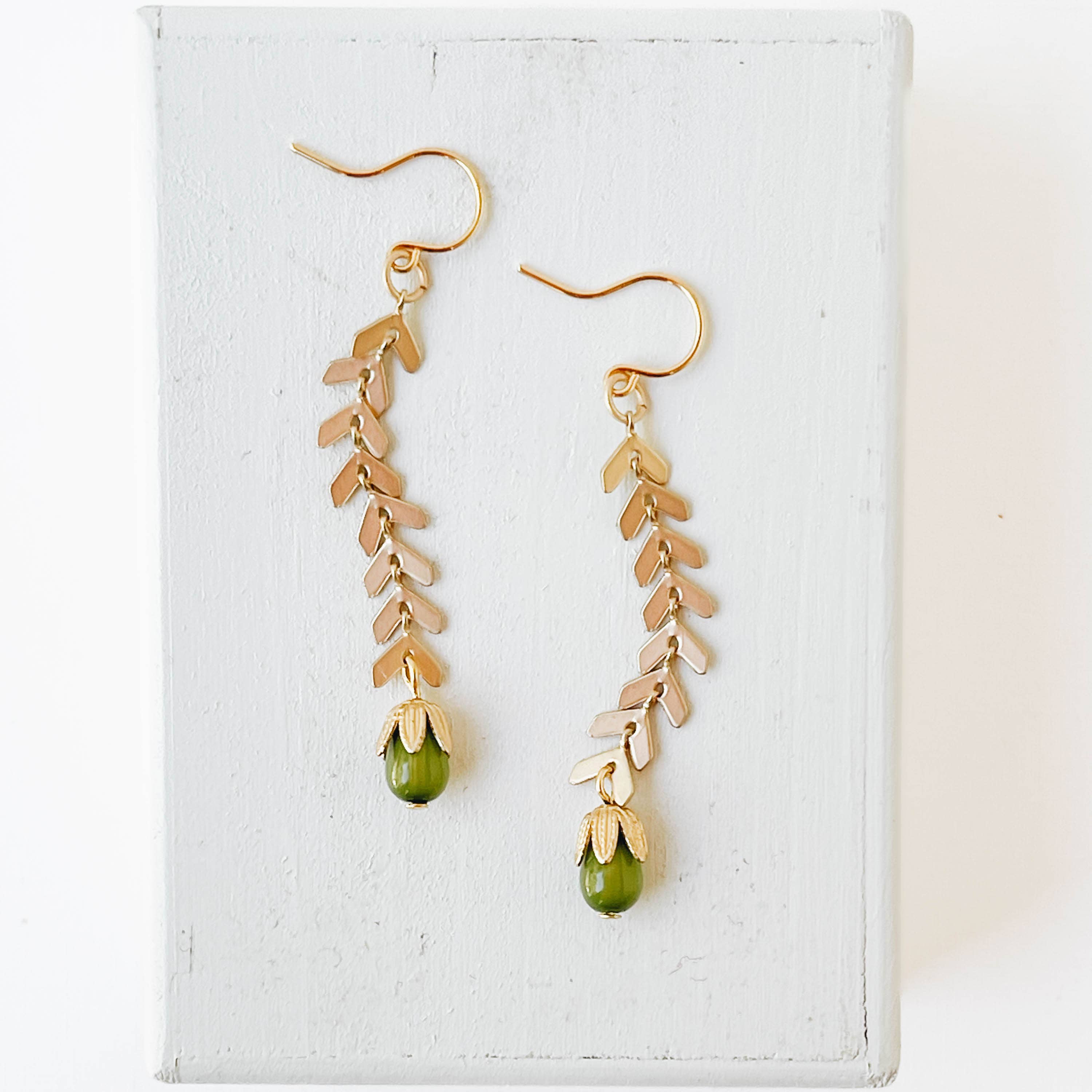 Nest Pretty Things - Long Gold Chevron and Green Bead Earrings