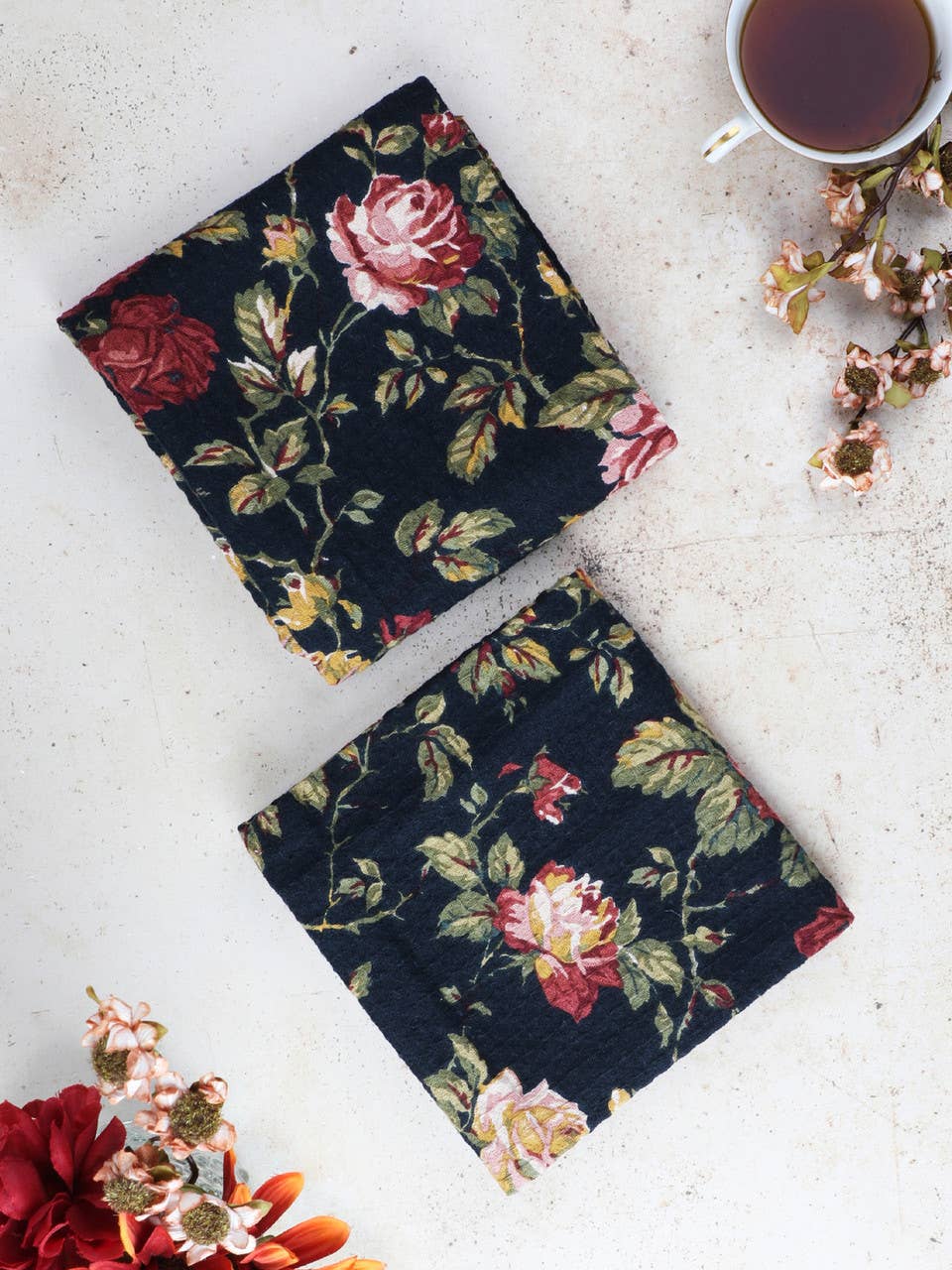 April Cornell - Winter Rose Tea Towel Set of 2 - Black