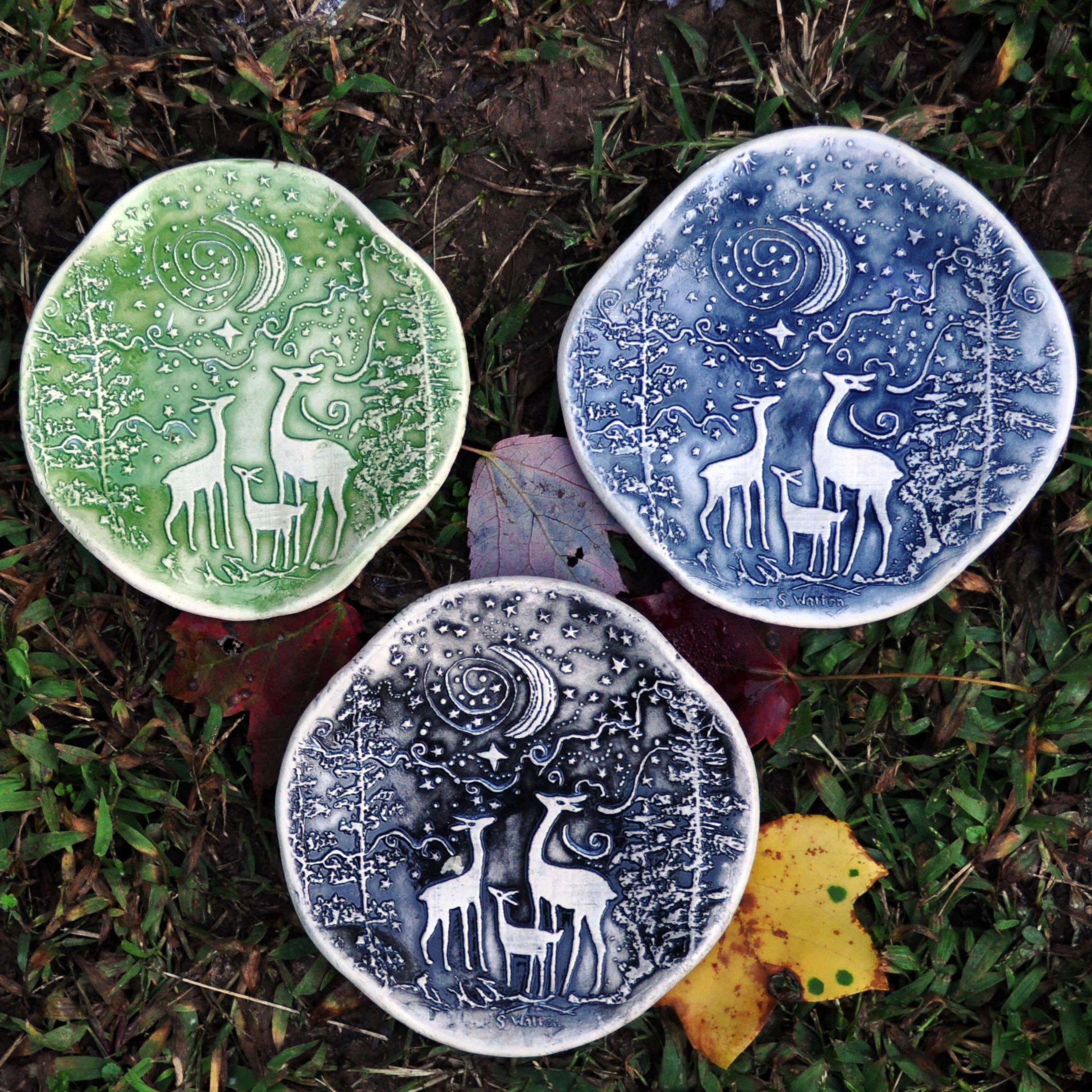 Clay Fossils - Handmade Pottery, Christmas, Deer family in bright green