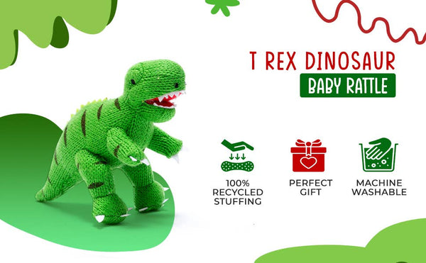 Best Years Ltd - Knitted T Rex Dinosaur Baby Rattle Green
