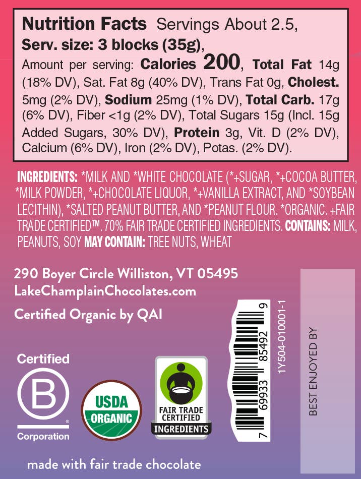 Lake Champlain Chocolates - Milk Peanut Butter Signature Bar, Organic & Fair Trade