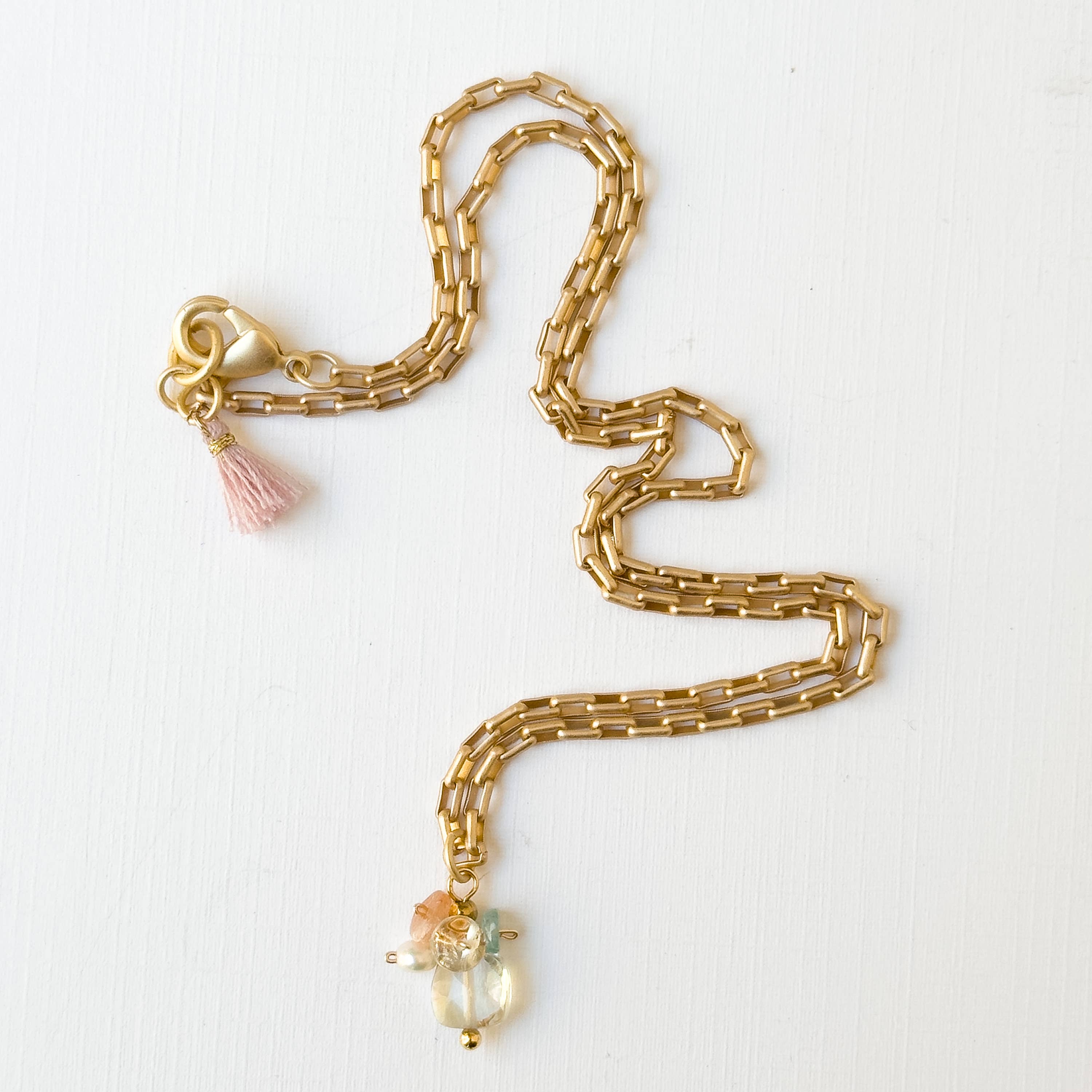 Nest Pretty Things - Gold Paperclip Chain Necklace with Pearls and teeny Flowers