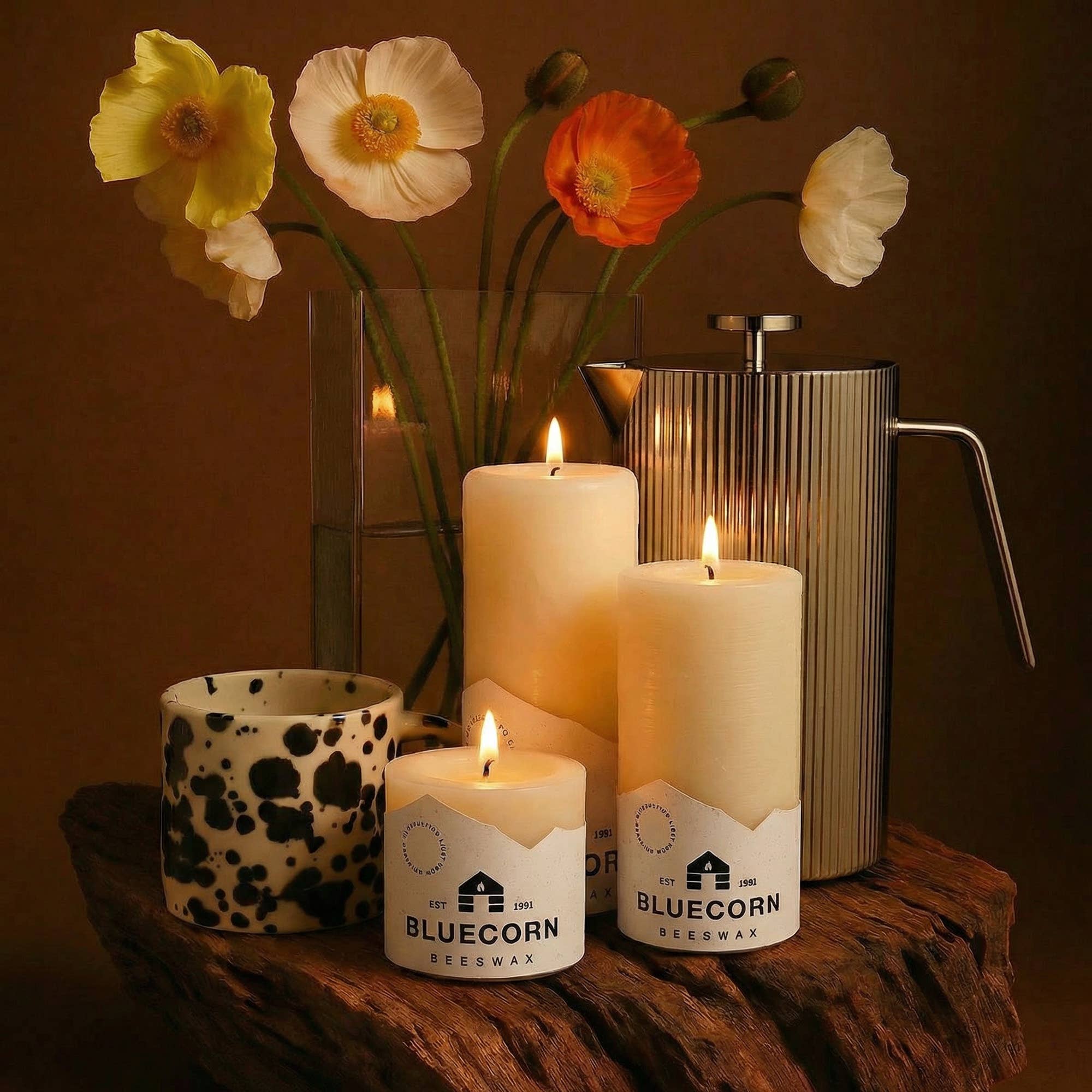 Bluecorn Candles - Beeswax Pillar Candles - 100% Pure, Dripless, 8 Sizes