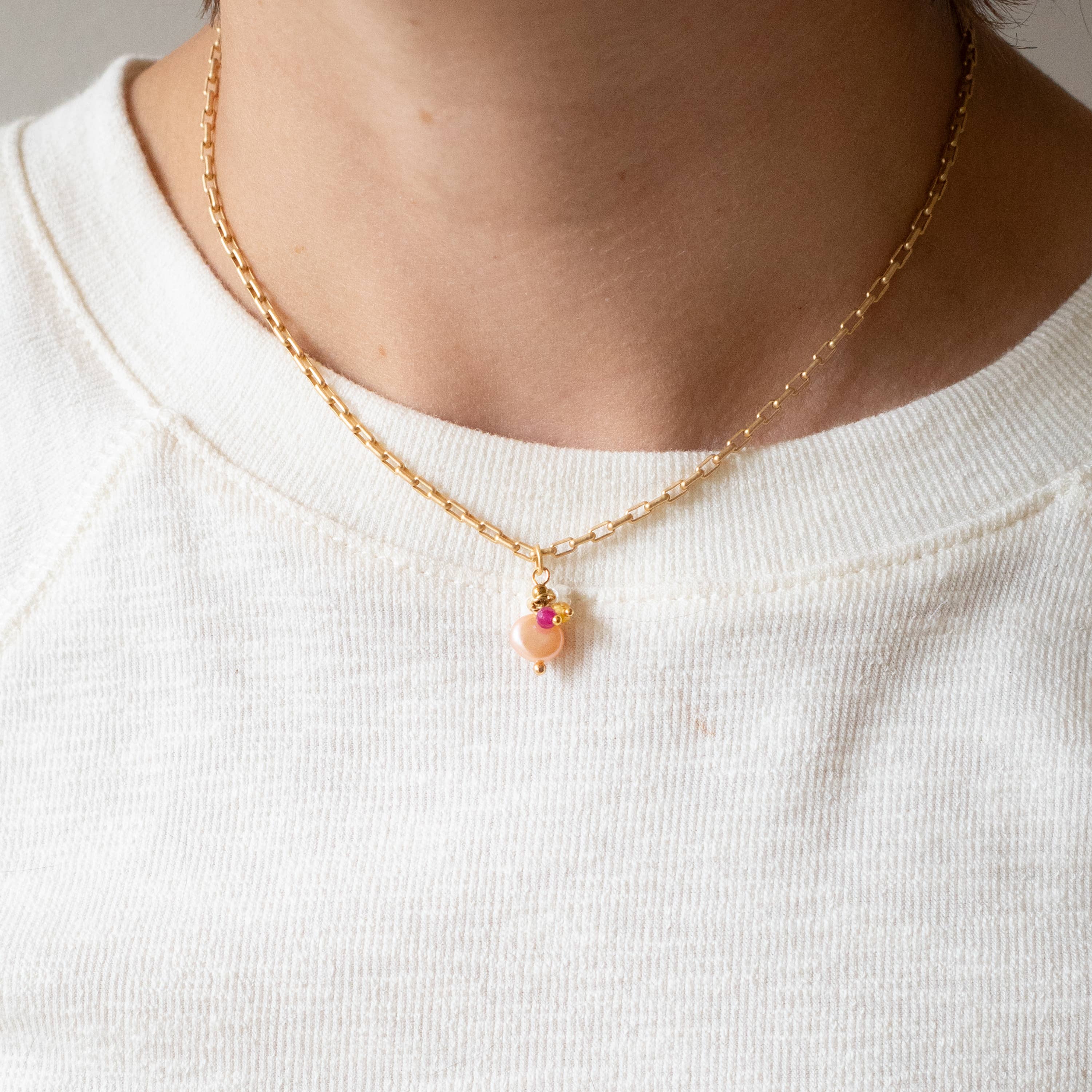 Nest Pretty Things - Gold Paperclip Chain Necklace with Pearls and teeny Flowers