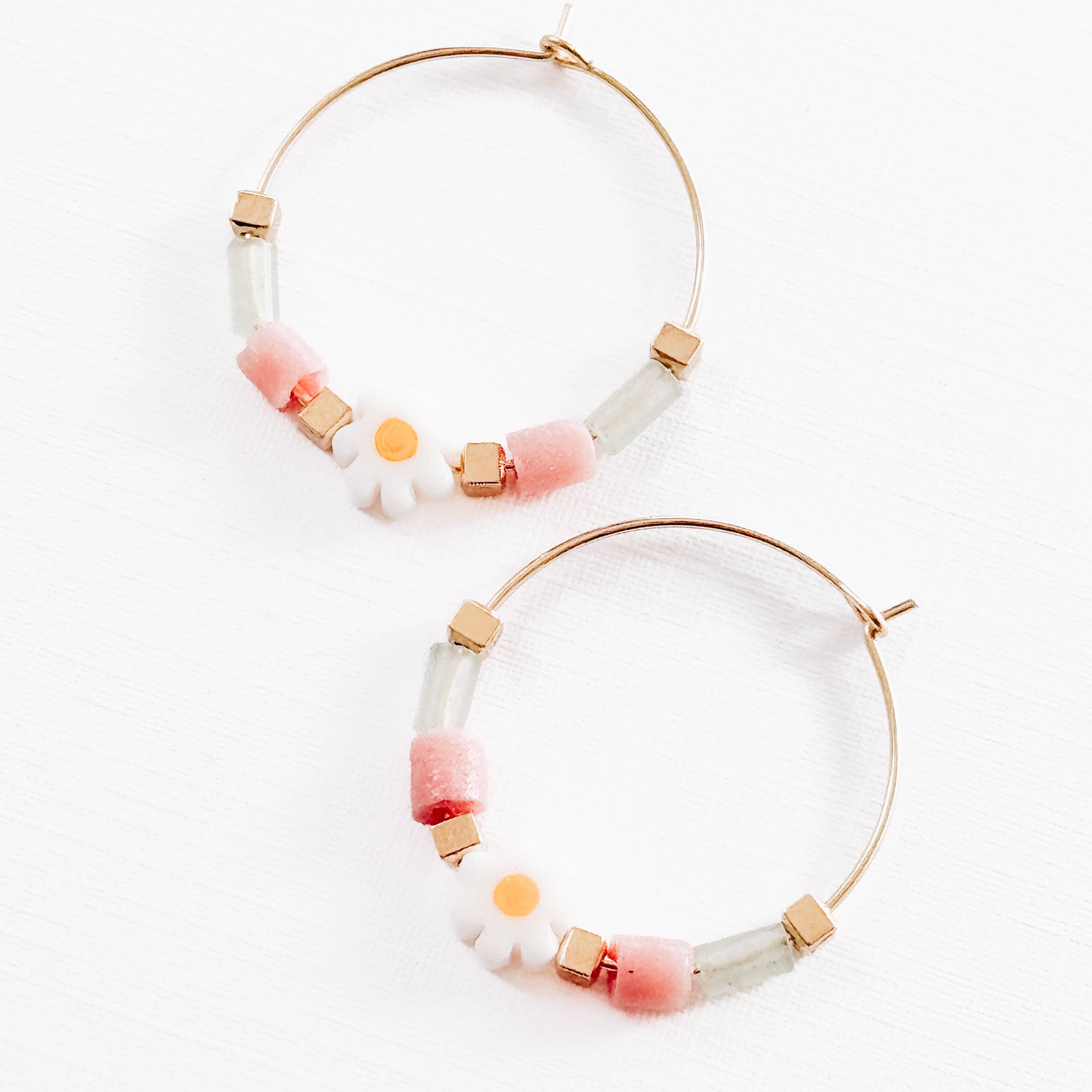 Nest Pretty Things - Gold Filled Hoops with Daisies, Recycled Glas Pink Beads
