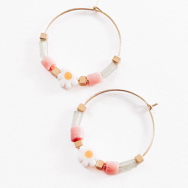 Nest Pretty Things - Gold Filled Hoops with Daisies, Recycled Glas Pink Beads