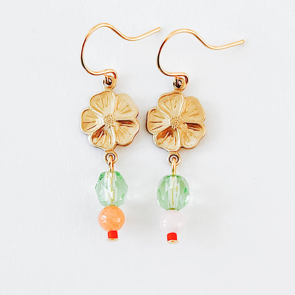 Nest Pretty Things - Small Flower With Coral and Rose Quartz Bead Earrings
