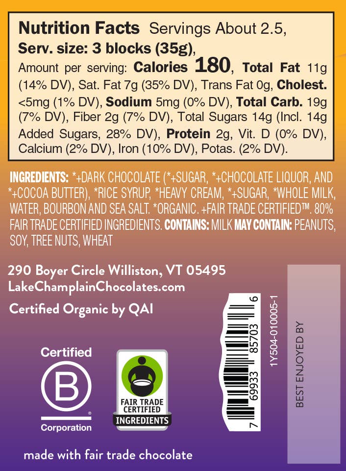 Lake Champlain Chocolates - Dark Chocolate, Bourbon Caramel Signature Bar, Fair Trade