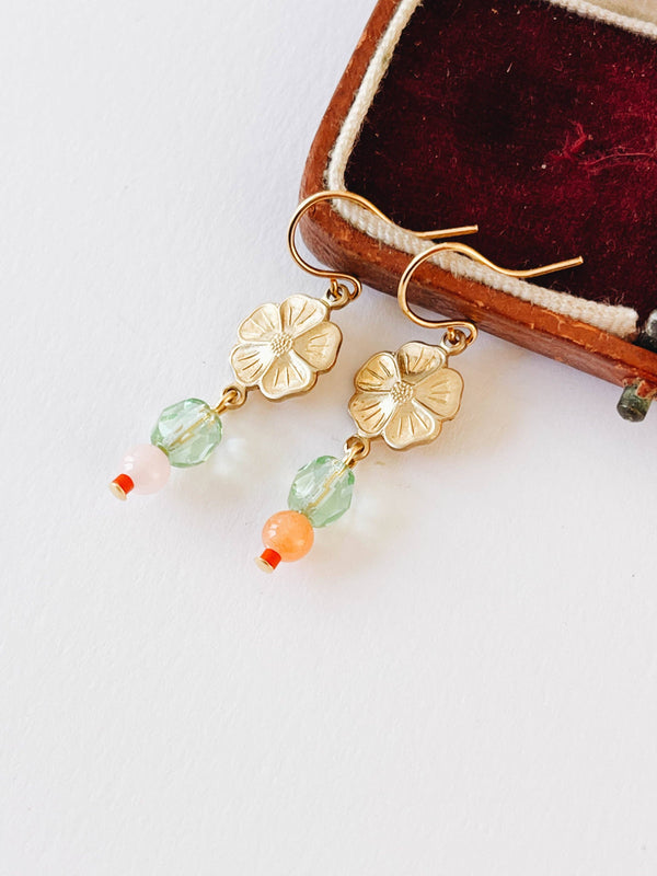 Nest Pretty Things - Small Flower With Coral and Rose Quartz Bead Earrings