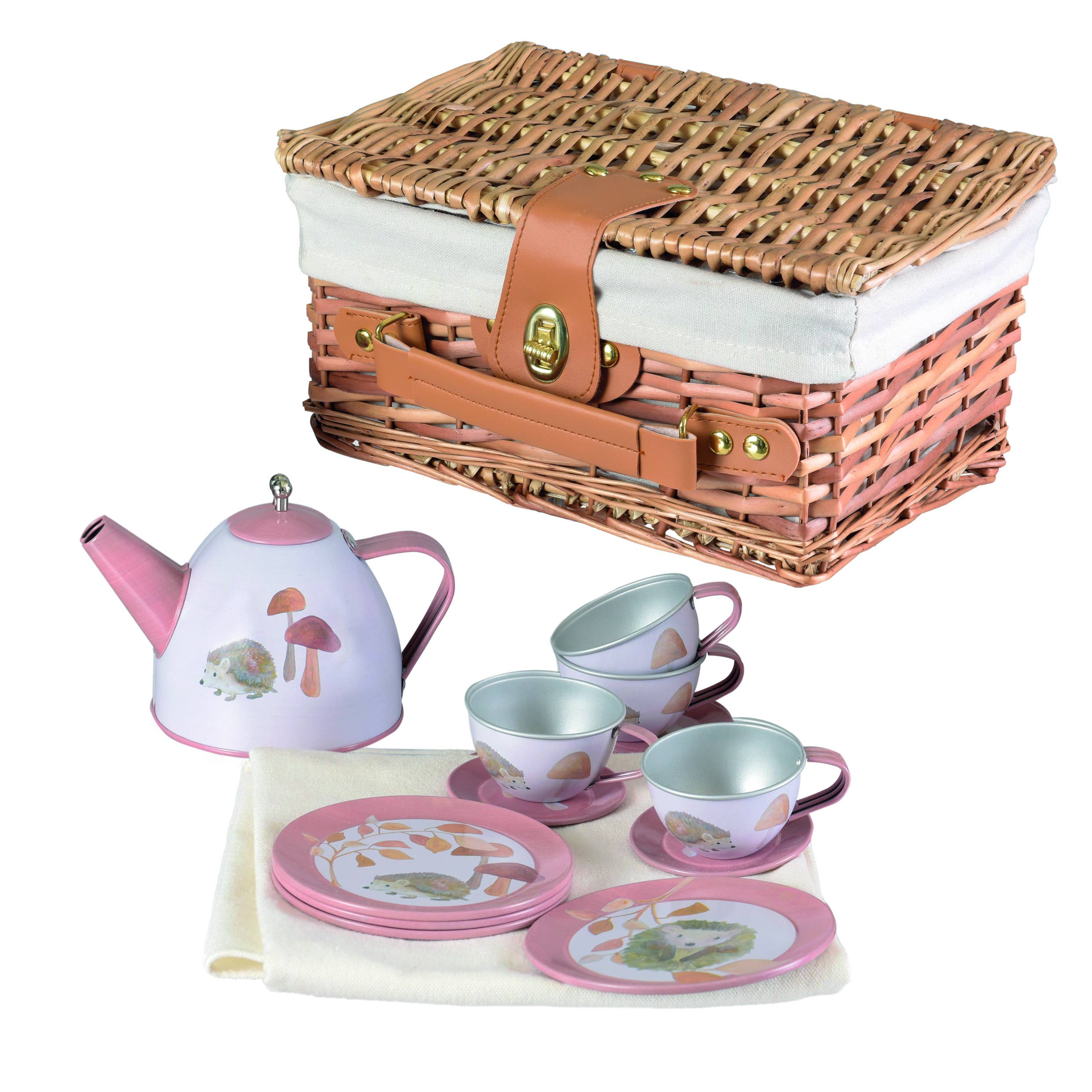 Hedgehog Tin Tea Set In a Wicker Case