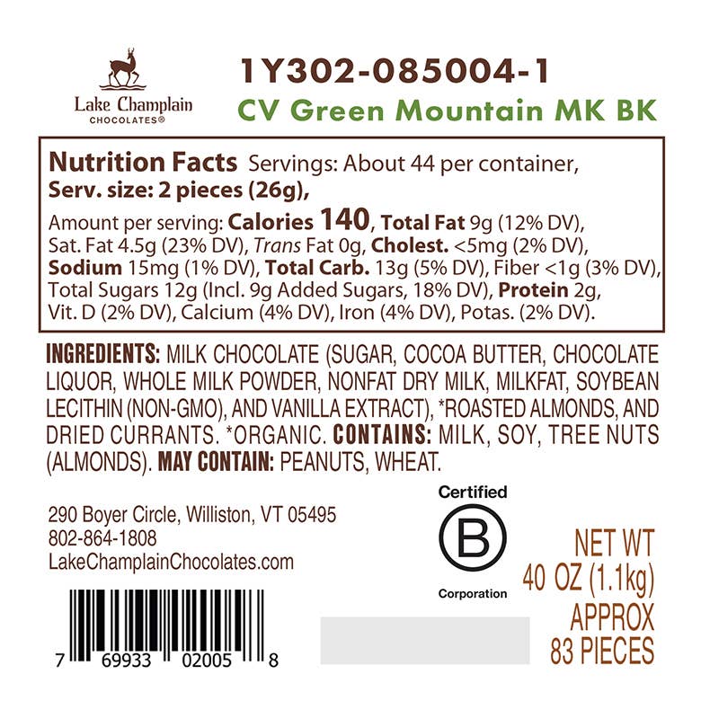 Lake Champlain Chocolates - Chocolates of Vermont Green Mountain, Milk Choc - Bulk